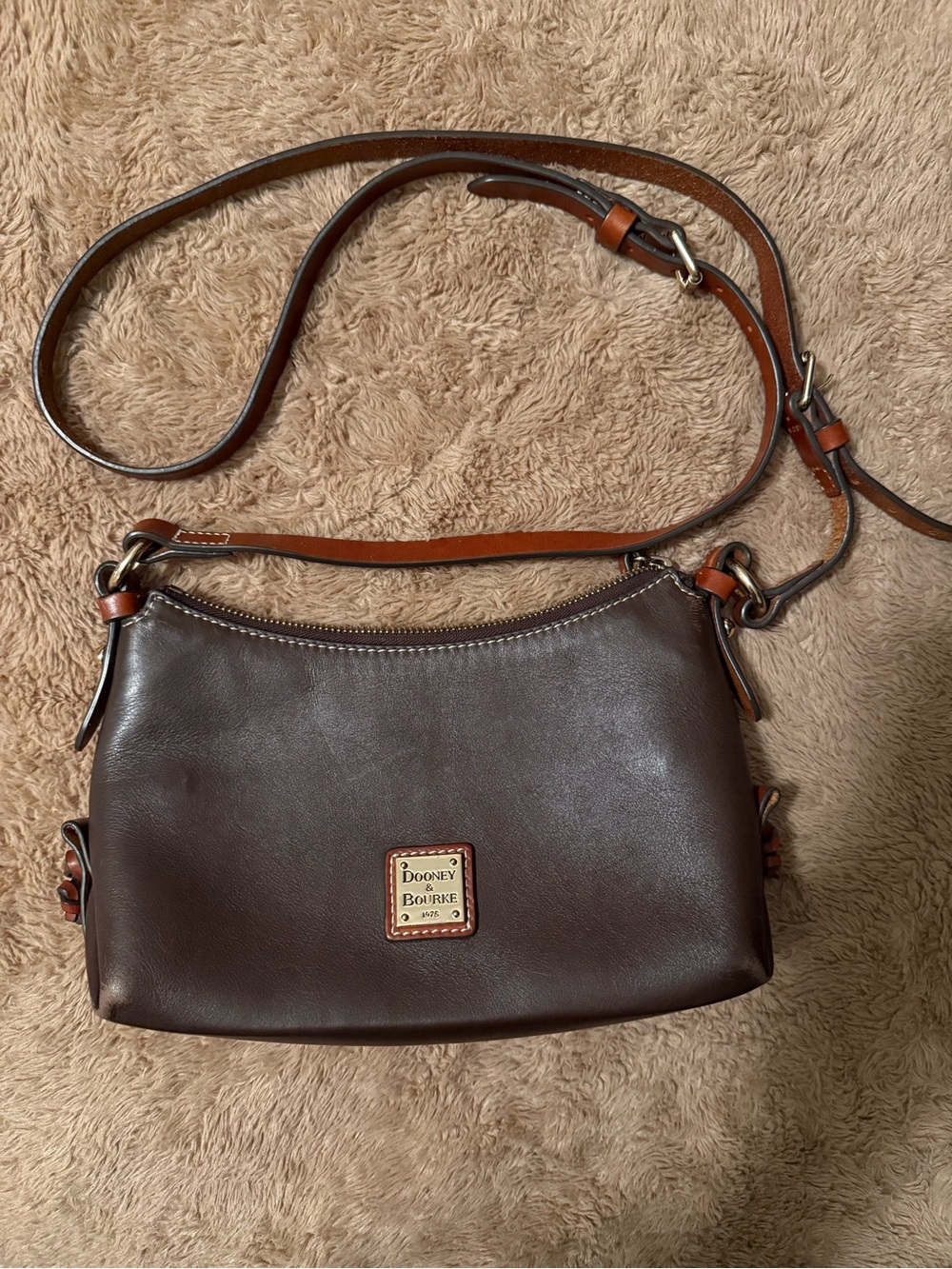 Dooney & Bourke Dark Brown Leather Crossbody with Tan Trim